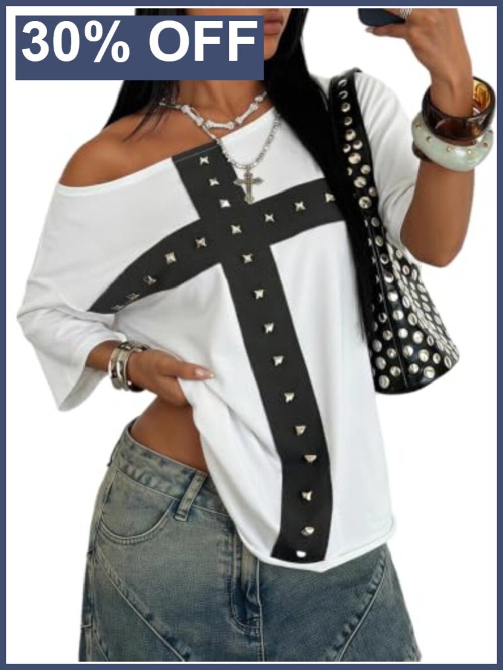 Y2K Off The Shoulder Short Sleeve Tee - Women's Rivet Studded Cross Print